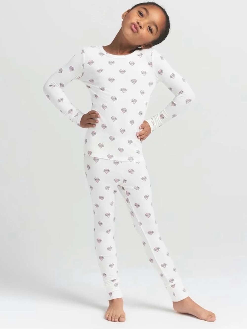 SKIMS Kids Pajama Set - White with Heart Print